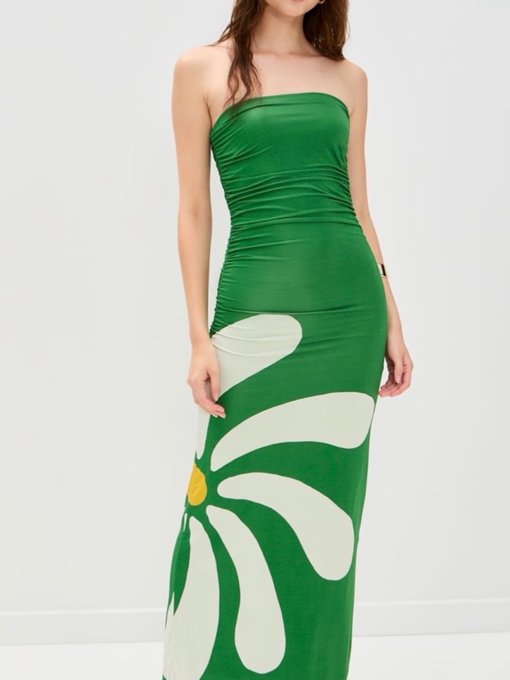 Green Strapless Ruched Maxi Dress with White Graphic Print - Picture 4 of 7